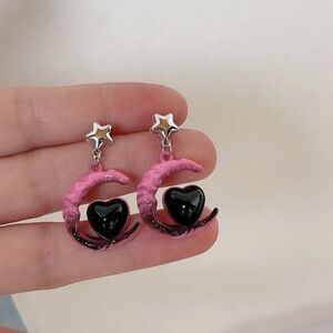 Pink and Black Star Moon Earrings